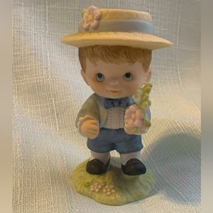 Vintage Bisque Young Boy Posies Victorian Dress Enesco Straw Hat Blue Brown
